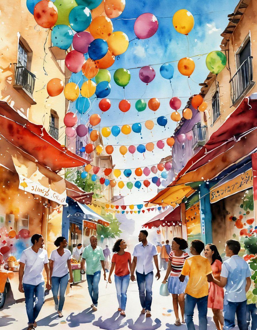 A vibrant street scene showcasing people of various races joyfully interacting, sharing laughter and conversations over colorful food stalls. The background features decorations that celebrate cultural diversity, with smiling faces and children playing. Bright balloons float above, symbolizing happiness and unity. Sunlight bathes the scene, creating a warm and inviting atmosphere. watercolor illustration. vibrant colors. cheerful mood.