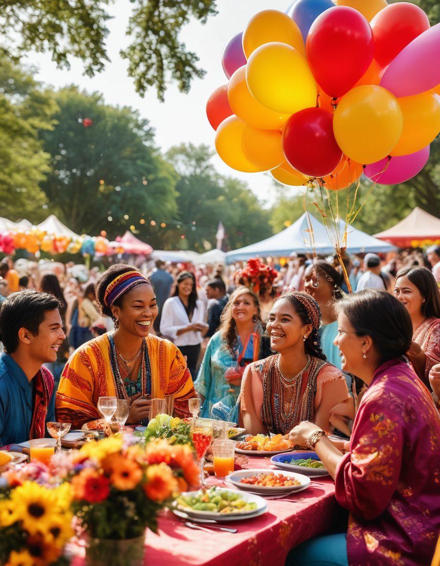 A vibrant community gathering with people from diverse backgrounds joyfully interacting, featuring colorful cultural attire and smiling faces. Highlight moments of laughter, shared meals, and activities that symbolize connection and happiness. The setting is an open park filled with flowers, balloons, and decorations, creating a festive atmosphere. Emphasize warmth, inclusivity, and celebration. bright colors, super-realistic, lively, warm lighting.
