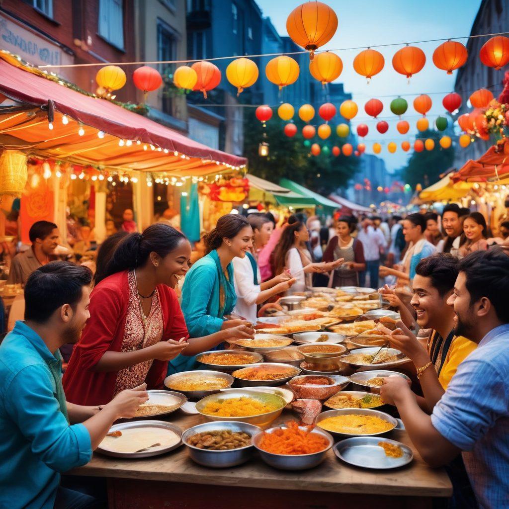 A colorful and dynamic scene featuring a diverse group of people from various cultural backgrounds joyfully interacting at a vibrant street festival, showcasing elements like food stalls, festive decorations, and live performances. An atmosphere of celebration, laughter, and connection is emphasized, with people sharing stories and experiences. Bright hues and warm lighting enhance the feeling of joy and unity. super-realistic. vibrant colors. painting.